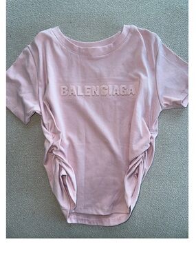 Balenciaga Pink Cropped Logo Tee with ruched sides